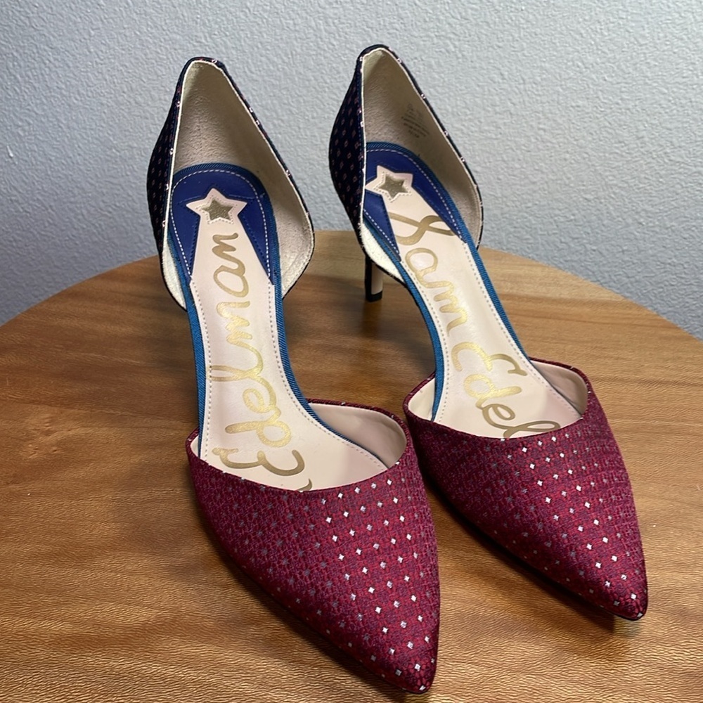 Sam Edelman D’orsay Telsa Red Blue Brocade High Heel Pumps Size 10W - Picture 2 of 16